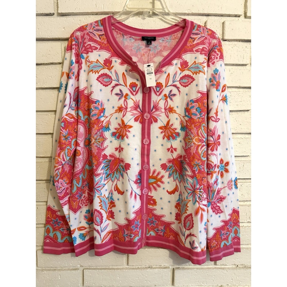 NEW Talbots Cardigan White Pink Floral Long Sleeve Lightweight Stretch Sz 1X